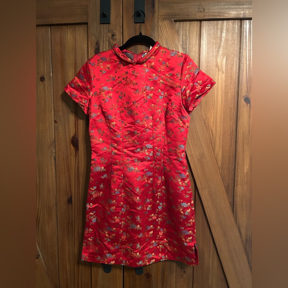 Vintage Red Cheongsam / Qipao Style Dress | Asian-Inspired | Satin Brocade | 90s